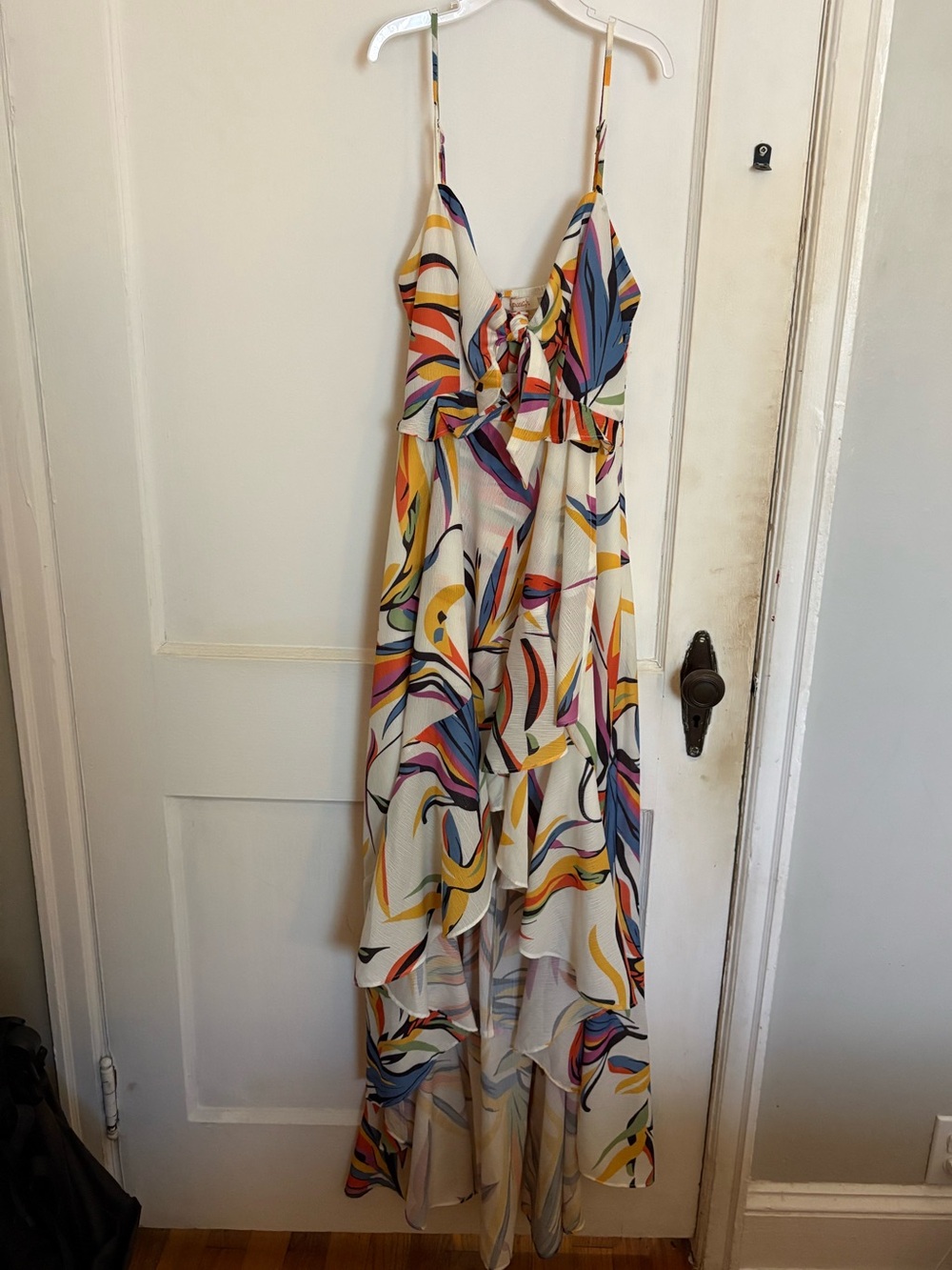 High-Low Spaghetti Strap Dress in Multicolor Swirl
